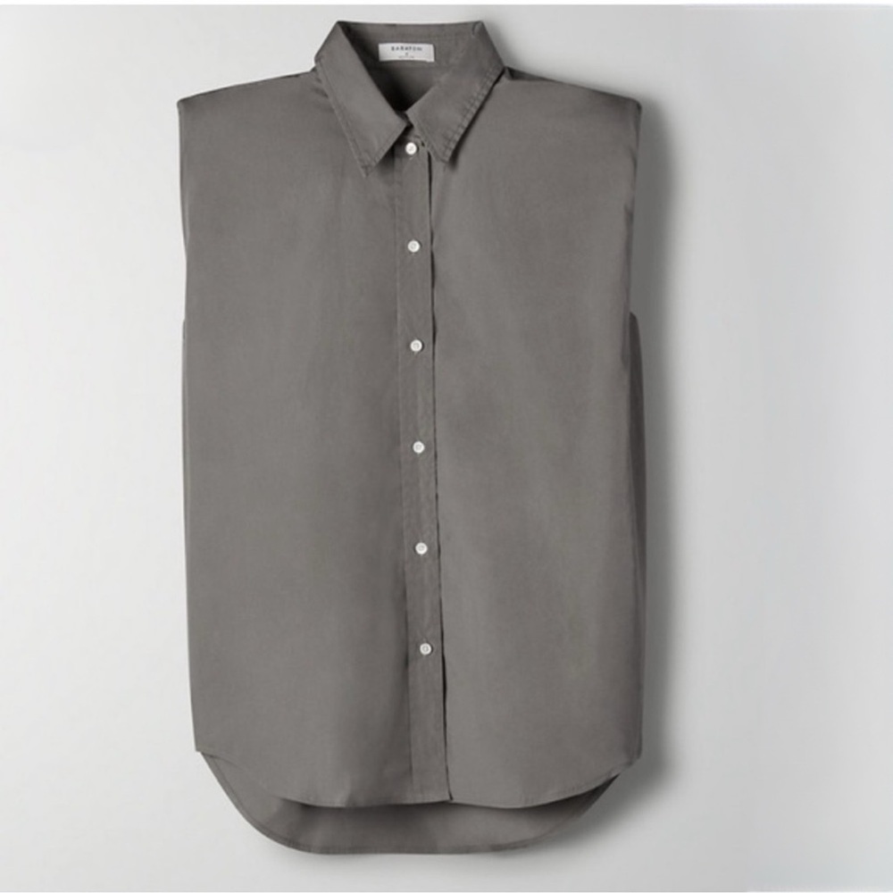 Babaton Sleeveless Button-Up Blouse Minimalist Taupe/Gray Collared Shirt Size SM